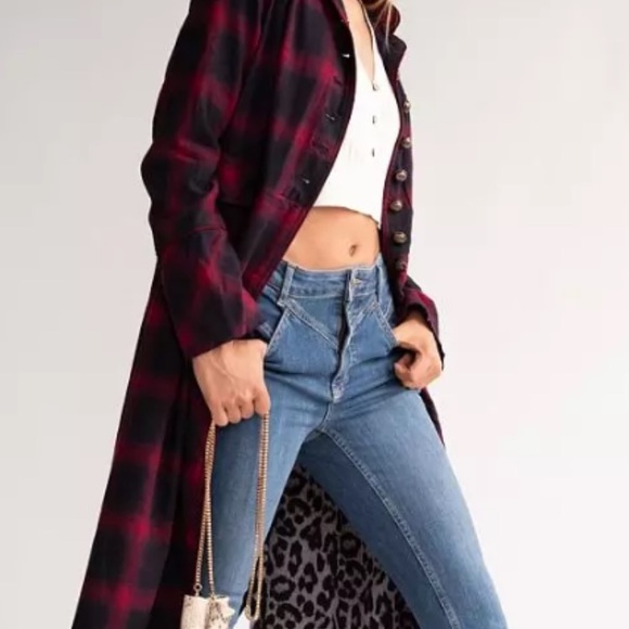 We The Free Plaid Jacket in Red and Black Leopard Pattern inside